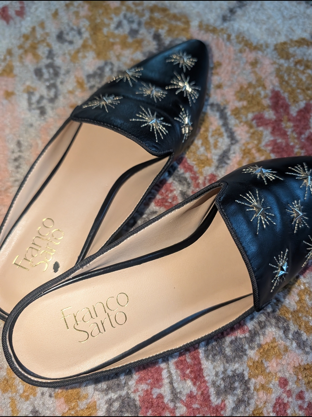 Franco Sarto Women's Black Leather Pointed Mules Gold Star Embellishments 8.5